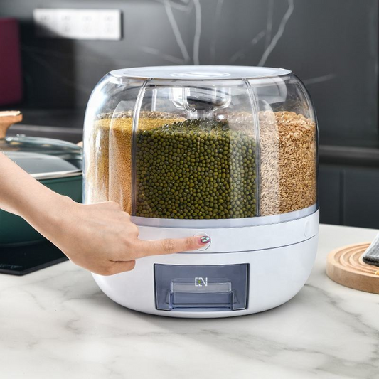 Rotating Grain Bucket Rice Dispenser 6-Grid Kitchen Rotating Dry Grain Food Storage Container