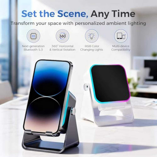 Mini Wireless RGB LED Speaker — Waterproof, with Rechargeable USB Battery — Ideal for Bedrooms, Parties, and Gaming — Includes Phone Stand