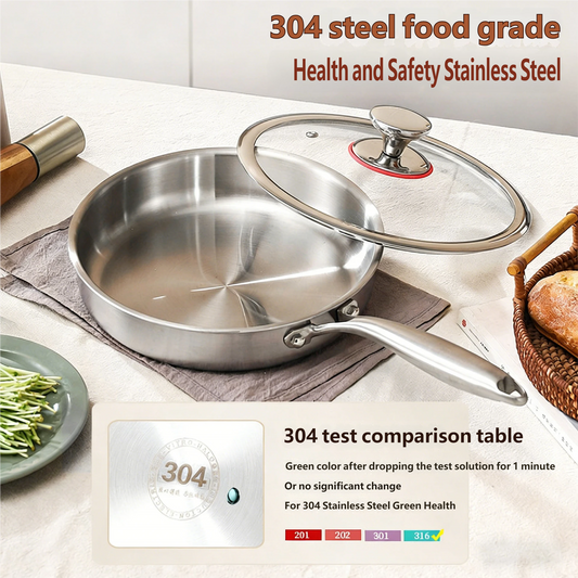 304 Stainless Steel Food-Grade Non-Stick Frying Pan — Thickened 3-Ply Composite Metal Steak Pan & Uncoated Wok — Gas Stove Compatible