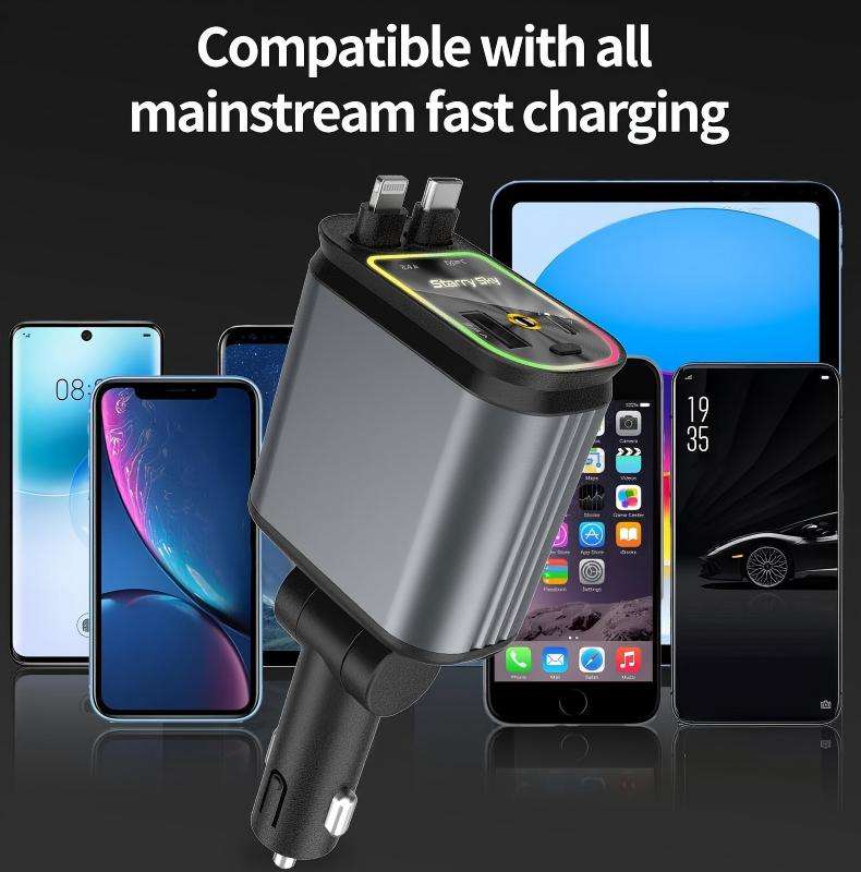 120W Car Charger with Starry Sky Ambient Light — 4-in-1 Fast Charging Adapter with Built-in Retractable Cable for Car Cigarette Lighter Sockets