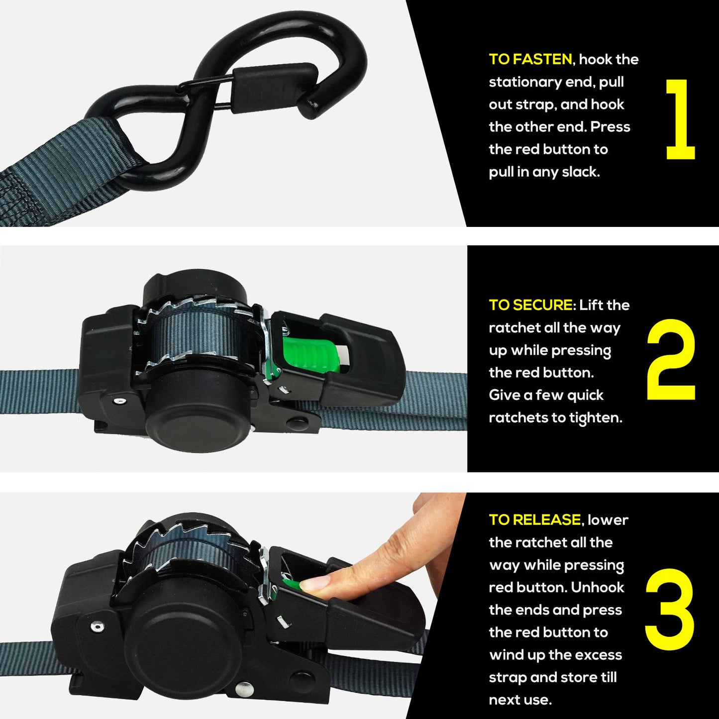 Button-operated retractable automatic ratchet strapping for securing truck equipment, cargo, luggage, and motorcycles; automatic retraction tensioner strapping.