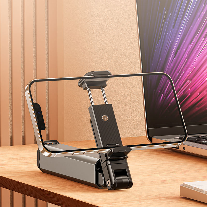 Aluminum alloy travel phone holder, portable storage, rotating and telescopic clip for airplanes and high-speed trains, perfect for selfies and learning.