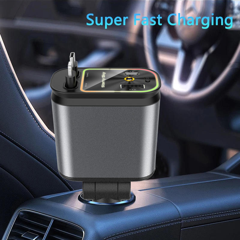 120W Car Charger with Starry Sky Ambient Light — 4-in-1 Fast Charging Adapter with Built-in Retractable Cable for Car Cigarette Lighter Sockets