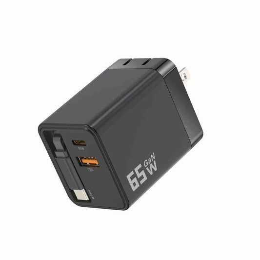 65W GaN Charger for Apple & Android — Featuring Built-in Retractable Cable — GaN Fast Charger