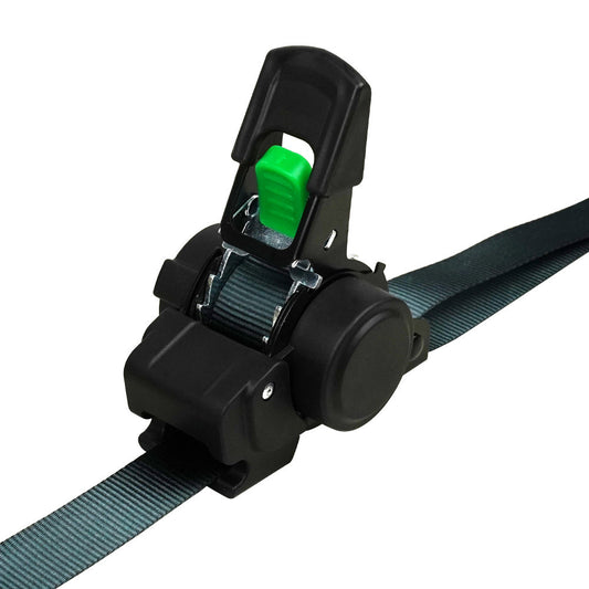 Button-operated retractable automatic ratchet strapping for securing truck equipment, cargo, luggage, and motorcycles; automatic retraction tensioner strapping.