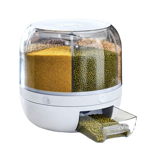 Rotating Grain Bucket Rice Dispenser 6-Grid Kitchen Rotating Dry Grain Food Storage Container