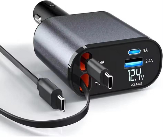 Car charger digital display fast charging 120 watt metal car charger 4-in-1 mobile phone charger