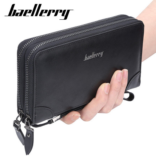 Double zipper long wallet for men, made of PU leather, suitable for mobile phones, clutches, and handbags.