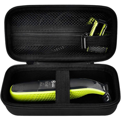 The hard shell of the Philips Norelco single blade trimmer shaver case and the travel organizer's handbag are Philips Norelco single blade trimmers