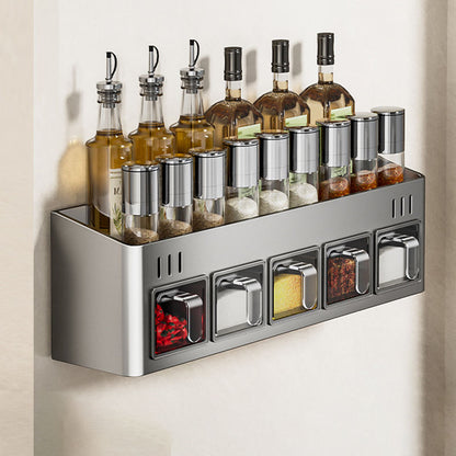 Strong suction cup spice container for kitchen use, no drilling required, wall-mounted shelf for storing and organizing condiments.