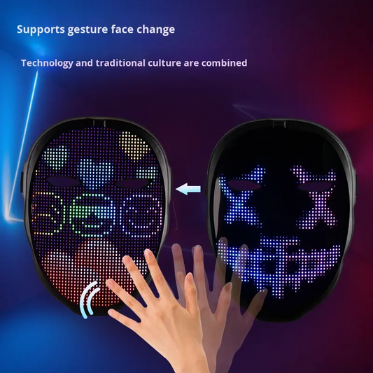 Face-changing LED mask with replaceable face cover and Bluetooth app-programmable lighting effects