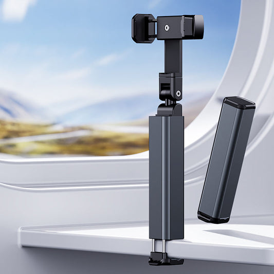 Aluminum alloy travel phone holder, portable storage, rotating and telescopic clip for airplanes and high-speed trains, perfect for selfies and learning.