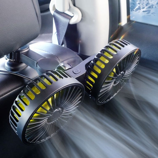 Dual-head fan for rear car headrests, brushless motor, USB-powered, creative and practical for car interiors.