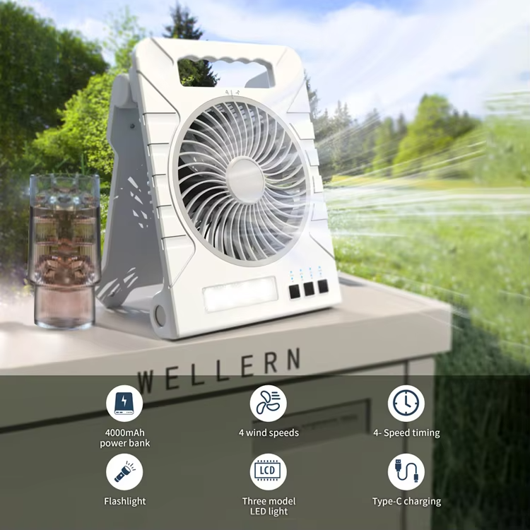 Outdoor Camping LED Light — 4000mAh Portable Mini Solar-Charging Fan with Mobile Phone Charging Capability