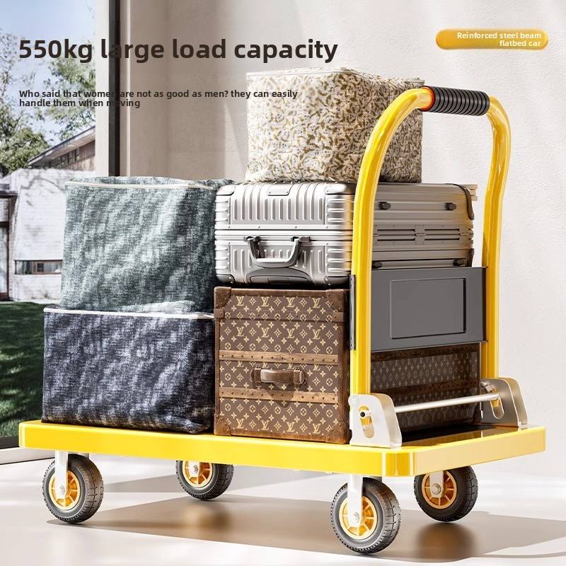Thickened steel plate handcart, cargo trailer, flatbed trolley, pallet truck, household folding silent trolley/trailer