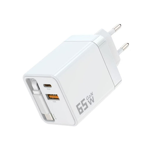 65W GaN Charger for Apple & Android — Featuring Built-in Retractable Cable — GaN Fast Charger