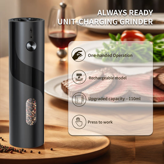 Electric pepper grinder for home kitchen seasonings, sea salt, black peppercorns, and Sichuan peppercorns.