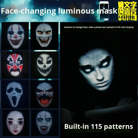 Face-changing LED mask with replaceable face cover and Bluetooth app-programmable lighting effects