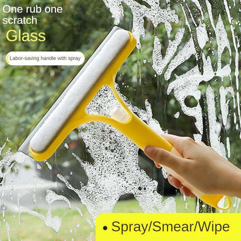 Multifunctional household glass cleaner with rubber felt brush, double-sided mirror brush and scraper, includes spray bottle, 3-in-1 glass scraper