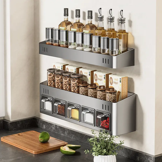 Strong suction cup spice container for kitchen use, no drilling required, wall-mounted shelf for storing and organizing condiments.