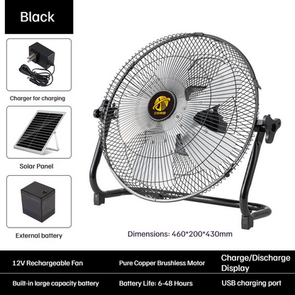 Solar-Powered Charging Fan — Industrial & Home Use, High-Power Airflow, Portable Floor Fan for Camping (Ground-Hugging Design)