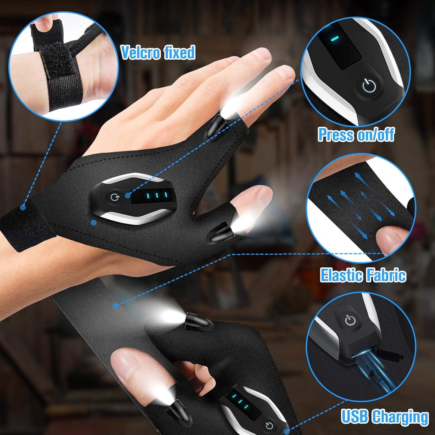 LED flashlight gloves - adjustable wrist strap made of nylon, suitable for auto repair or outdoor fishing.