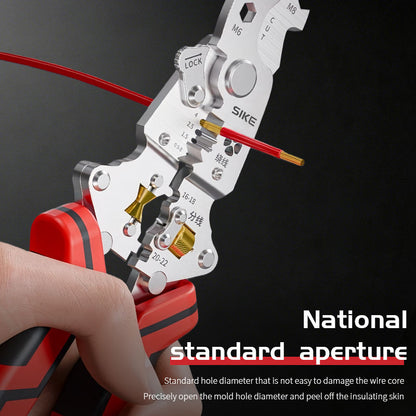 16-in-1 multi-functional folding wire stripper with screw tightening, wire splitting, and winding pulley design.