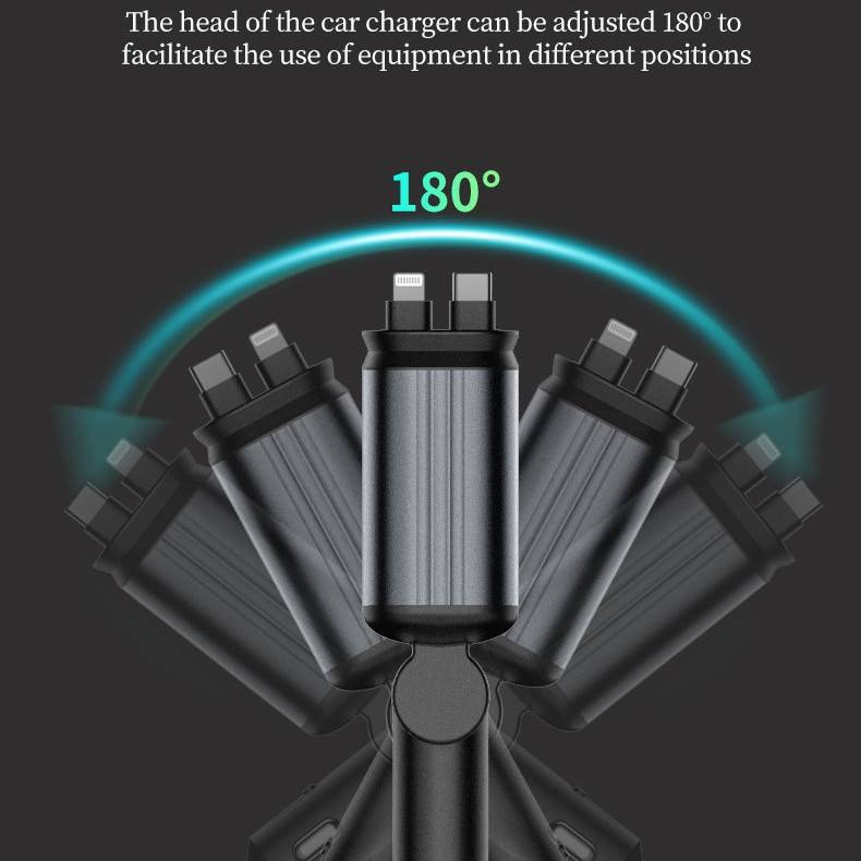 120W Car Charger with Starry Sky Ambient Light — 4-in-1 Fast Charging Adapter with Built-in Retractable Cable for Car Cigarette Lighter Sockets