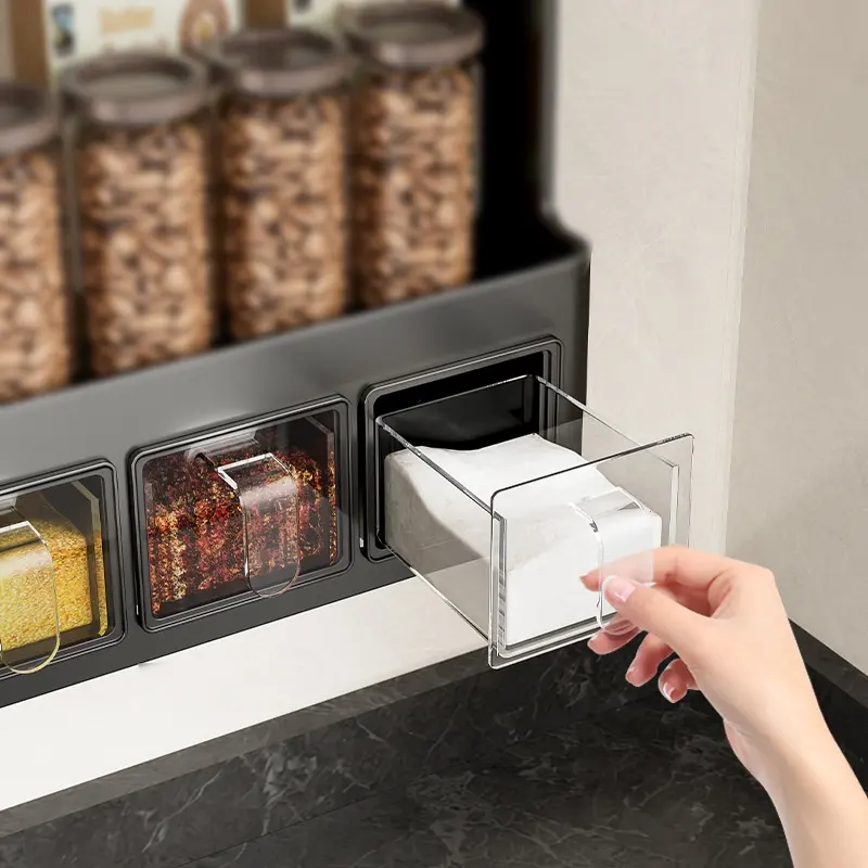 Strong suction cup spice container for kitchen use, no drilling required, wall-mounted shelf for storing and organizing condiments.