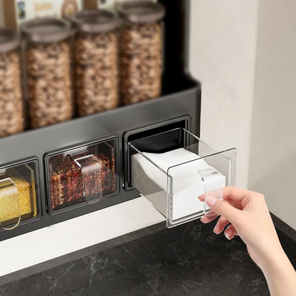 Strong suction cup spice container for kitchen use, no drilling required, wall-mounted shelf for storing and organizing condiments.