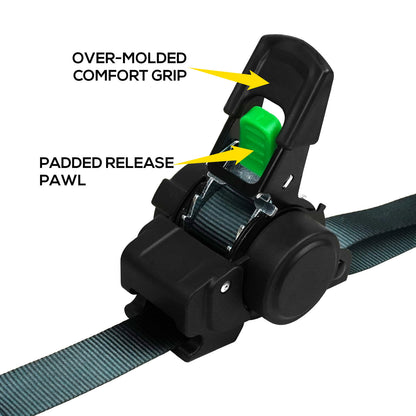 Button-operated retractable automatic ratchet strapping for securing truck equipment, cargo, luggage, and motorcycles; automatic retraction tensioner strapping.