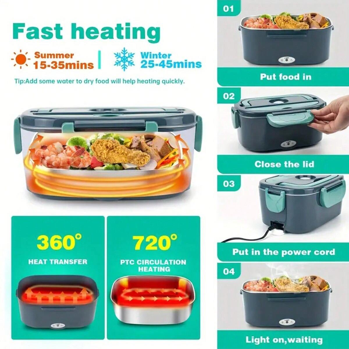 Household car-use large-capacity dual-purpose electric heating and insulated lunch box, portable stainless steel electric lunch box.