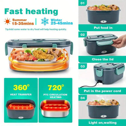 Household car-use large-capacity dual-purpose electric heating and insulated lunch box, portable stainless steel electric lunch box.