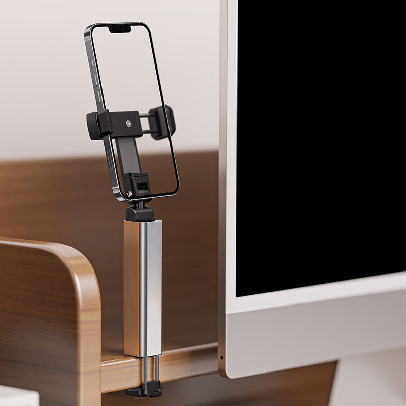 Aluminum alloy travel phone holder, portable storage, rotating and telescopic clip for airplanes and high-speed trains, perfect for selfies and learning.