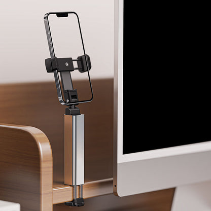 Aluminum alloy travel phone holder, portable storage, rotating and telescopic clip for airplanes and high-speed trains, perfect for selfies and learning.