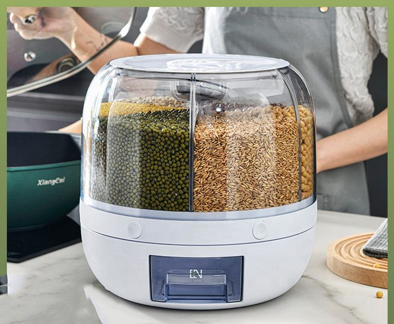 Rotating Grain Bucket Rice Dispenser 6-Grid Kitchen Rotating Dry Grain Food Storage Container