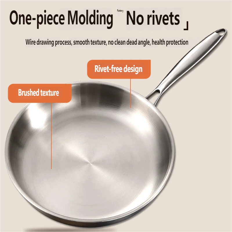 304 Stainless Steel Food-Grade Non-Stick Frying Pan — Thickened 3-Ply Composite Metal Steak Pan & Uncoated Wok — Gas Stove Compatible