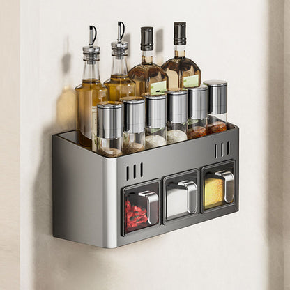 Strong suction cup spice container for kitchen use, no drilling required, wall-mounted shelf for storing and organizing condiments.