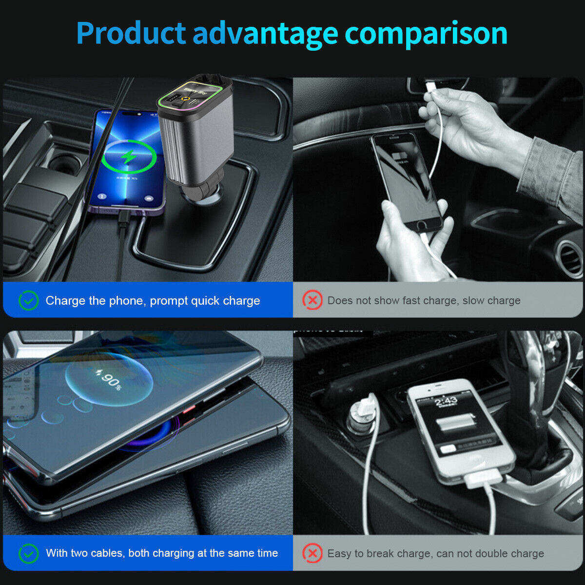 120W Car Charger with Starry Sky Ambient Light — 4-in-1 Fast Charging Adapter with Built-in Retractable Cable for Car Cigarette Lighter Sockets