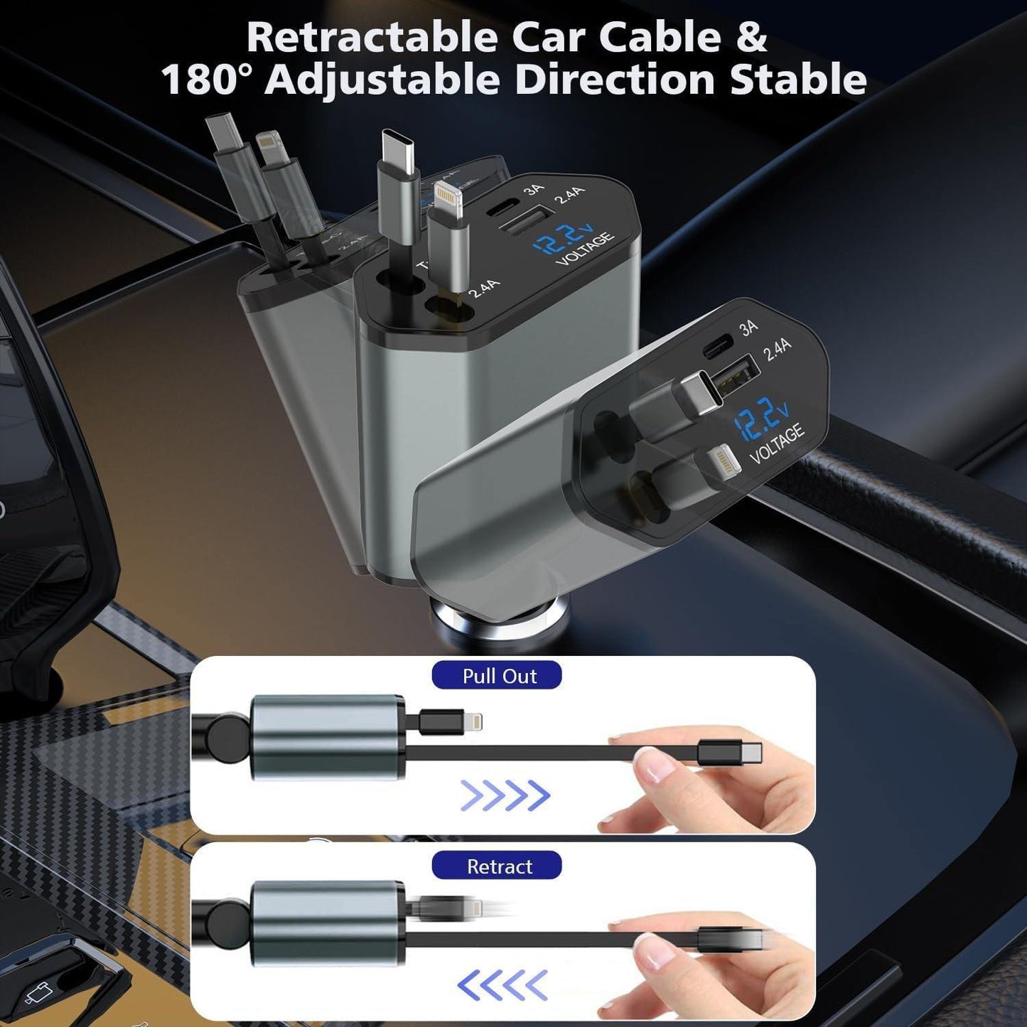 120W Car Charger, Fast Charging, Retractable, One-to-Four, Flash Charge, Cigarette Lighter Applicable to Cars