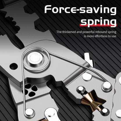 16-in-1 multi-functional folding wire stripper with screw tightening, wire splitting, and winding pulley design.
