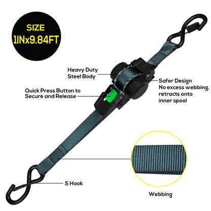 Button-operated retractable automatic ratchet strapping for securing truck equipment, cargo, luggage, and motorcycles; automatic retraction tensioner strapping.