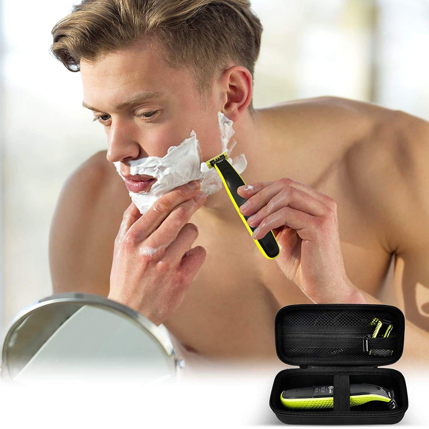 The hard shell of the Philips Norelco single blade trimmer shaver case and the travel organizer's handbag are Philips Norelco single blade trimmers