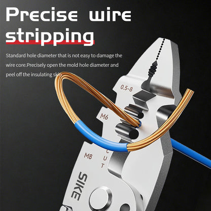 16-in-1 multi-functional folding wire stripper with screw tightening, wire splitting, and winding pulley design.