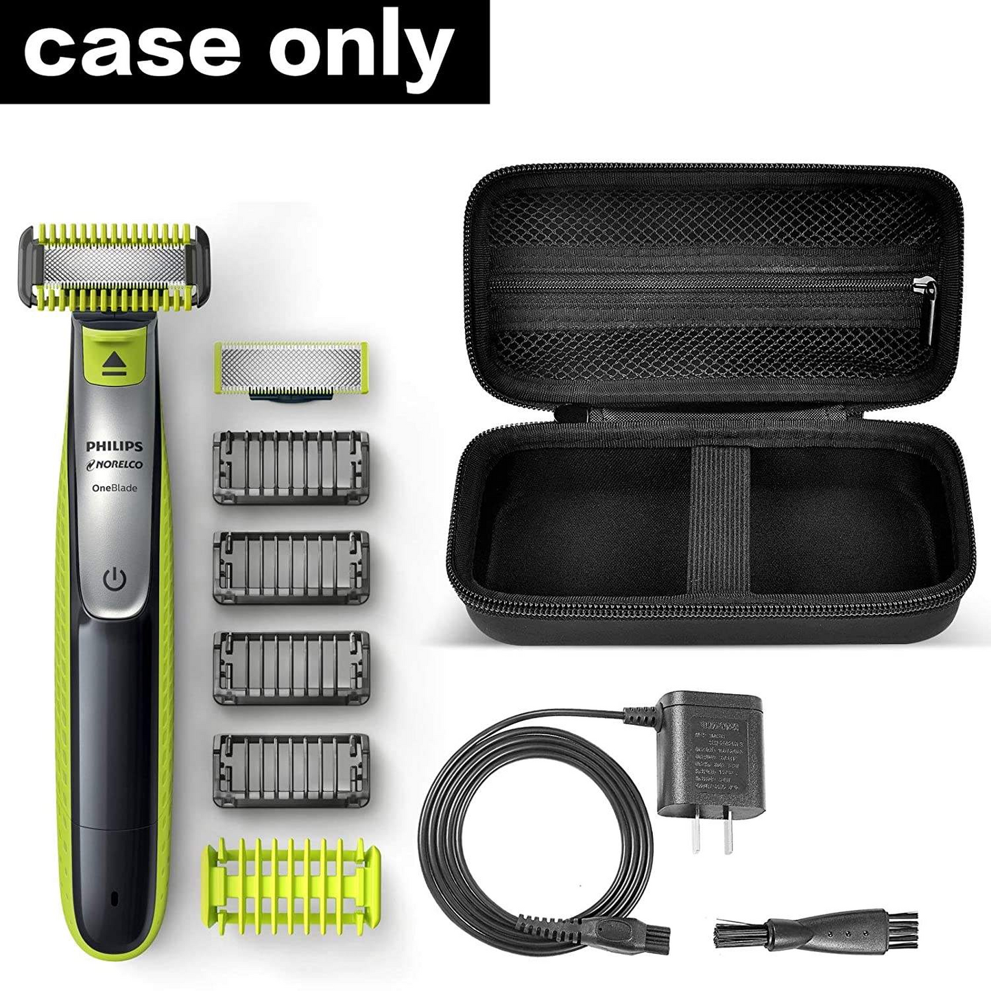 The hard shell of the Philips Norelco single blade trimmer shaver case and the travel organizer's handbag are Philips Norelco single blade trimmers