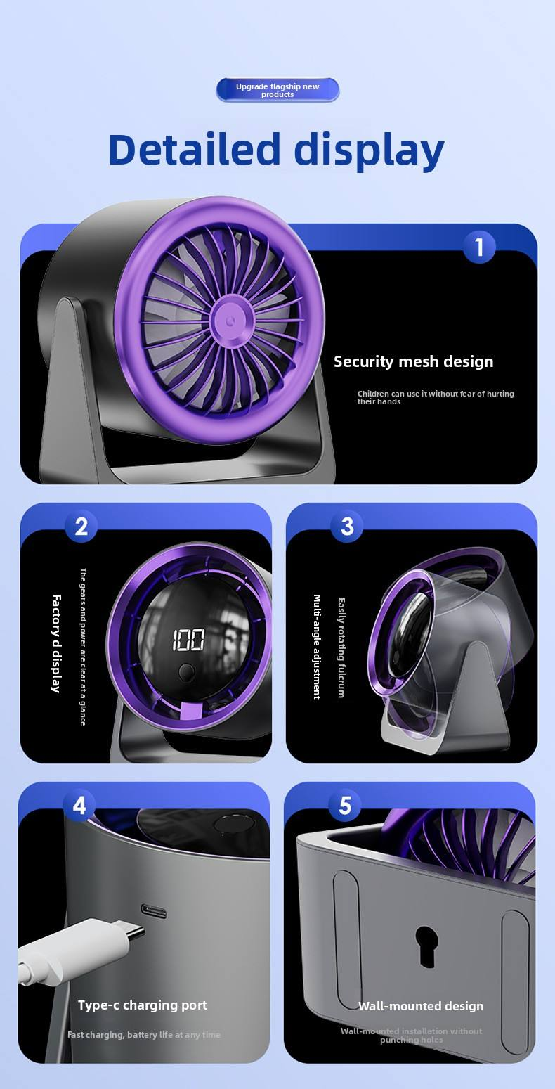Small silent wall mounted vertical circulation fan for office with USB charging and long battery life