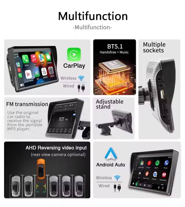 7-inch CarPlay display with 2.5D high-definition screen, supports wired and wireless CarPlay.