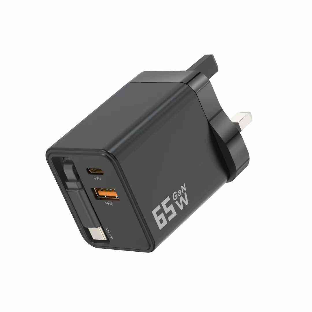 65W GaN Charger for Apple & Android — Featuring Built-in Retractable Cable — GaN Fast Charger