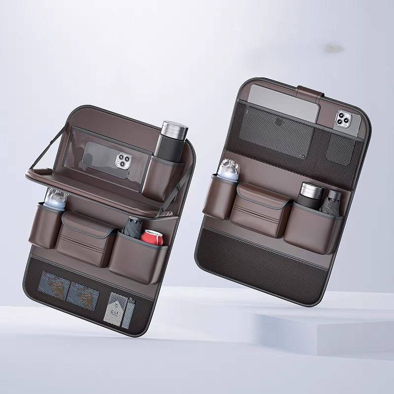 Multifunctional genuine leather car seat storage bag, foldable dining table hanging organizer, car seat backrest