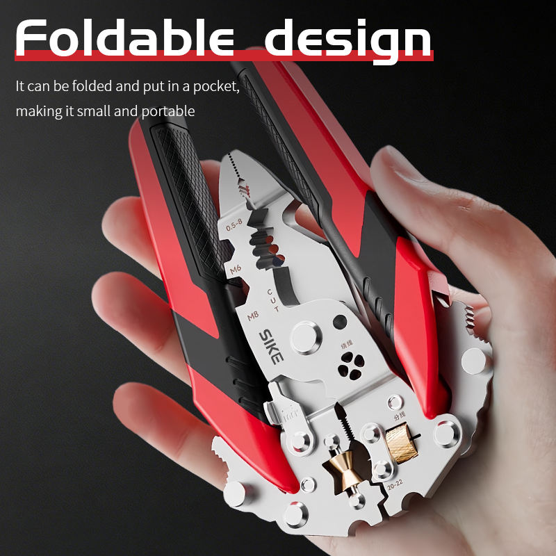 16-in-1 multi-functional folding wire stripper with screw tightening, wire splitting, and winding pulley design.